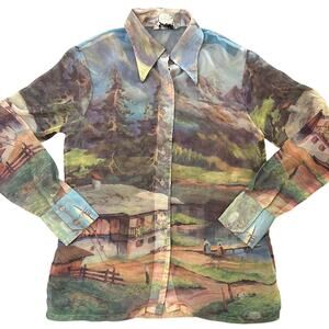 VNTG Contempo Multicolored, Landscape Painting, Long Sleeve, Sheer Button Up- L